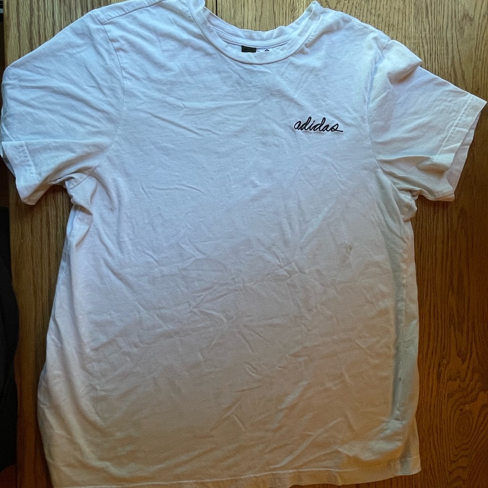 White adidas tshirt with cursive writing
